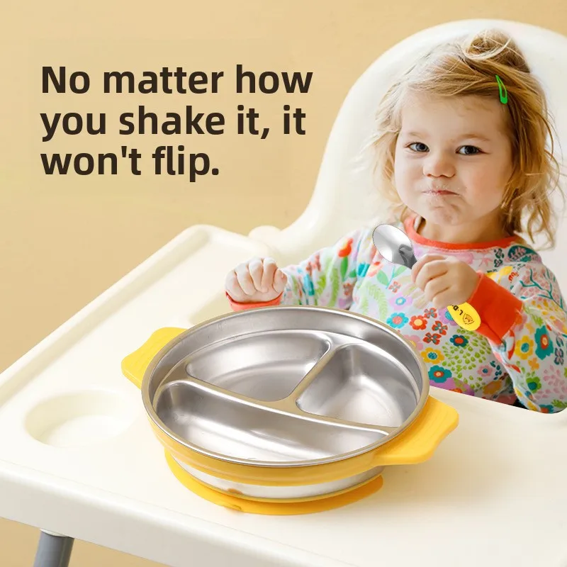 

Stainl Steel Children's Dinner Plate Baby Feeding Bowl with Dividers Suction Cup Anti-Fall Auxiliary Food Bowl for Kids