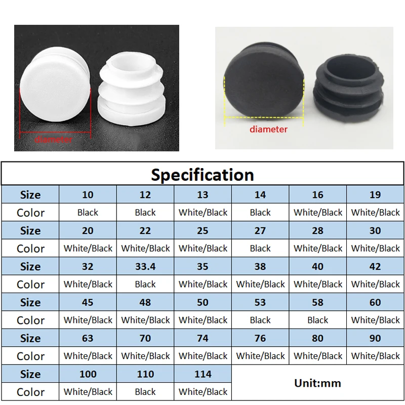 Round PP Hole Plug 10-50mm Blanking End Sealing Plug Tube Pipe Inserts For Pipe/Furniture Feet White/Black