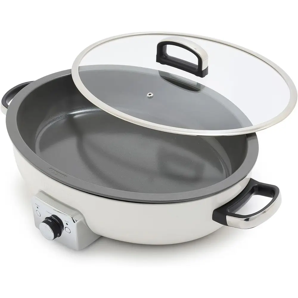 

Nonstick Electric Oval Skillet 5.5QT, 1800W, Dishwasher Safe, Adjustable Temp, Multi-Cooking Functions, Cream White
