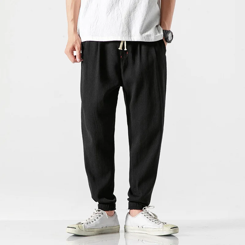 Chinese Style Harem Pants Men Streetwear Casual Joggers Mens Pants Cotton Linen Sweatpants Ankle-length Men Trousers S-4XL