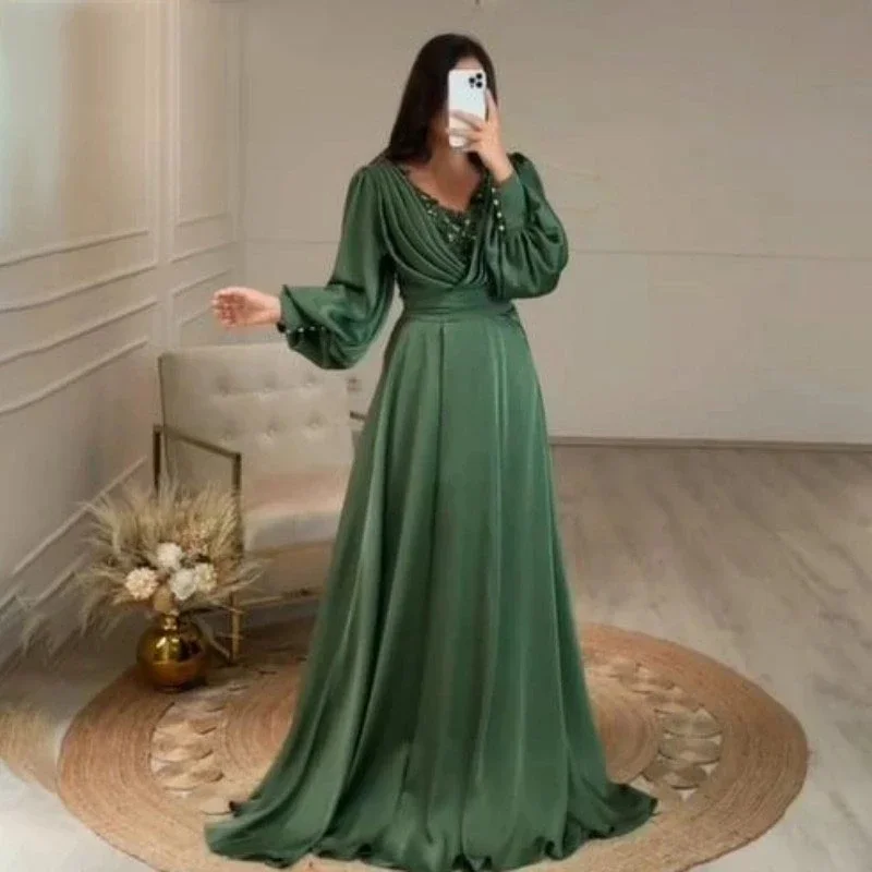 

Iridescent Sexy V-Neck Mother of the Bride Dresses Long Sleeves Vestidos De Festa Applique Beading Formal Prom Party Gowns