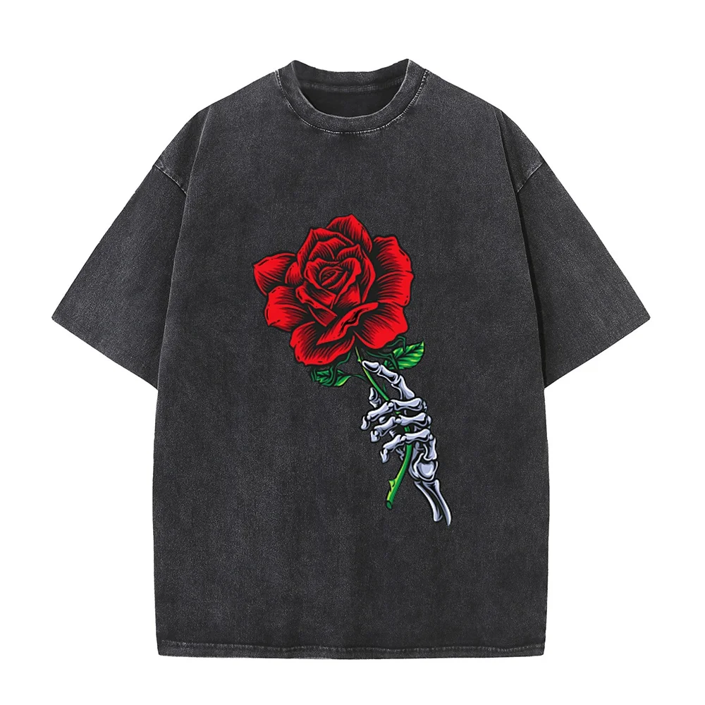 Skeleton Hand Holding Rose Aesthetic Red Flower T-Shirt Men's Clothing Graphic Printed T Shirt Women Cotton Casual Tee Summer
