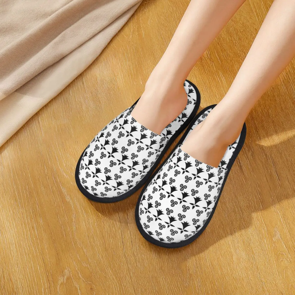 White Breton Triskels On Black Breizh Bretagne Brittany Slippers Memory Foam Warm Soft Women House Slipper Bedroom Cozy Shoes