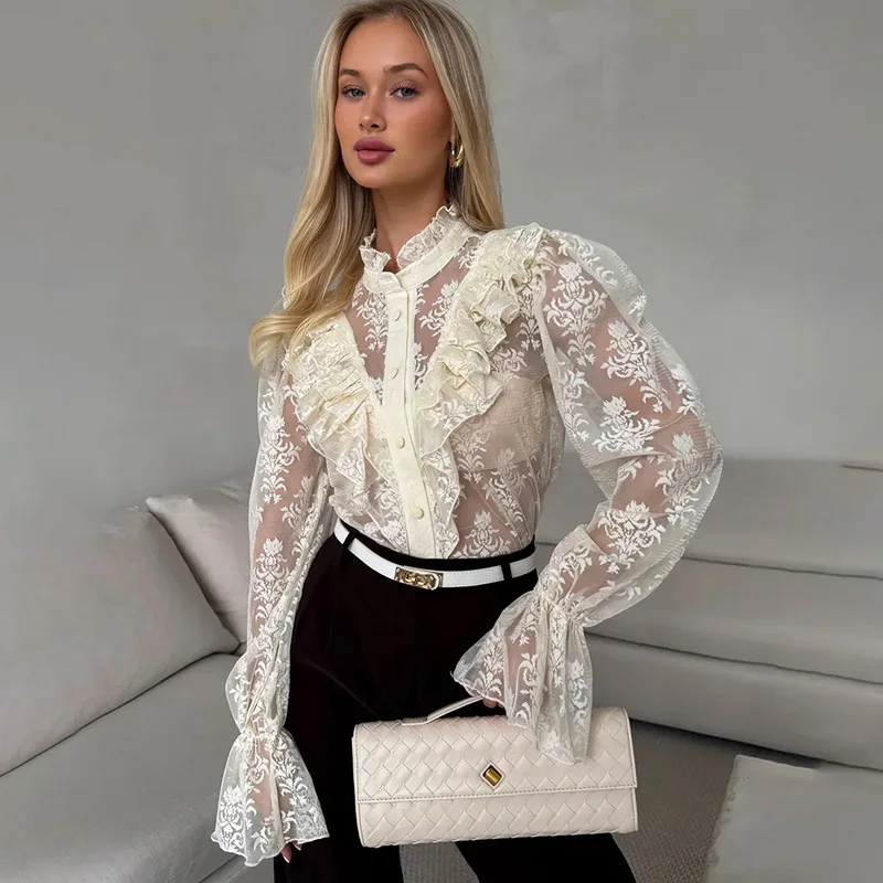 

Ticketsx Fashion Ruffle Print Blouses Women's Single Breast See Through Patchwork Shirts Top Elegant New Party Streetwear Shirts