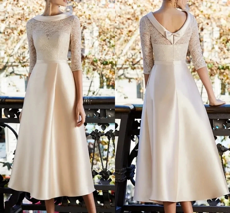 

Champagne Mother of the Bride Dress 2025 Elegant Jewel Neck Tea Length Lace Satin Half Sleeve Formal Wedding Guest Gown
