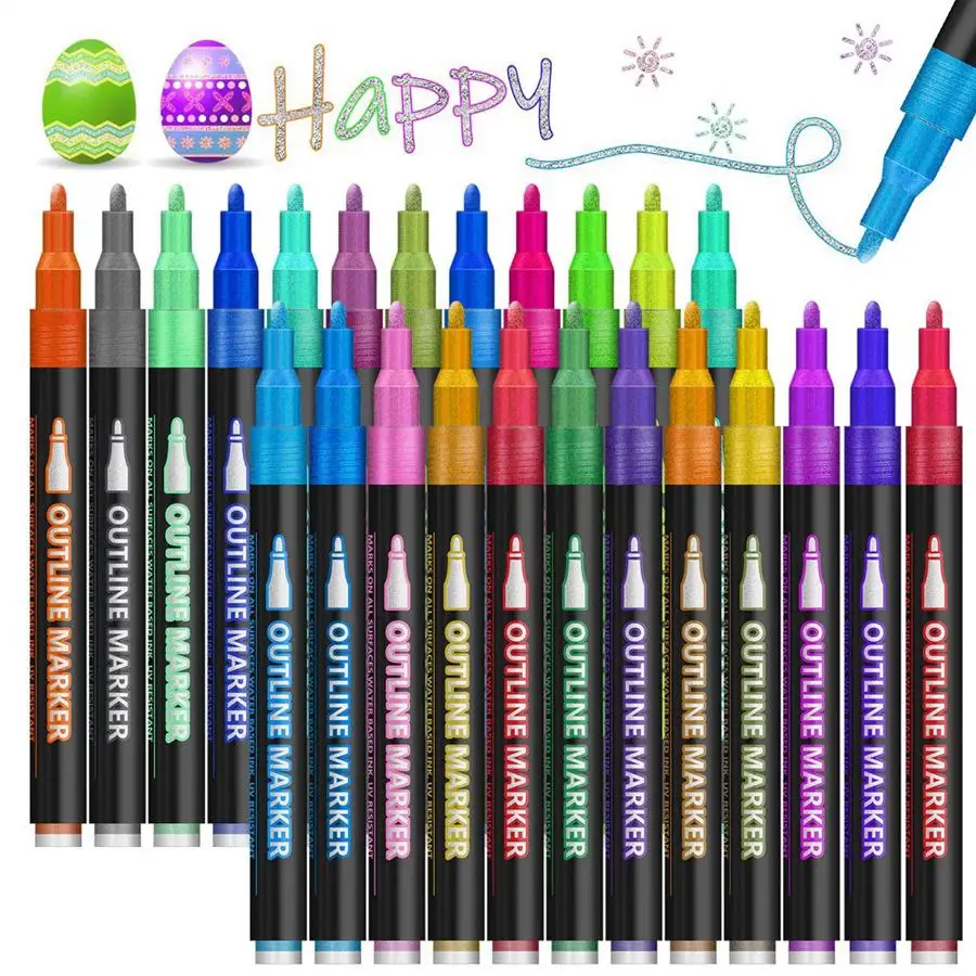 48-Color Double-Line Outline Metallic Highlighter Marker Pen, Diagonal Double-Line Pen, Magic Glitter Drawing Pen