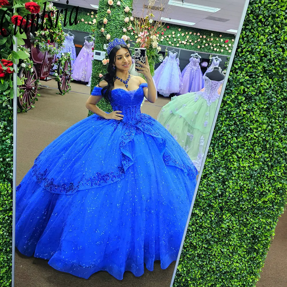 

Royal Blue Glitter Crystal Ruffles Mexican Quinceanera Dress Ball Gown Sequined Appliques Lace Corset Vestidos De XV Anos