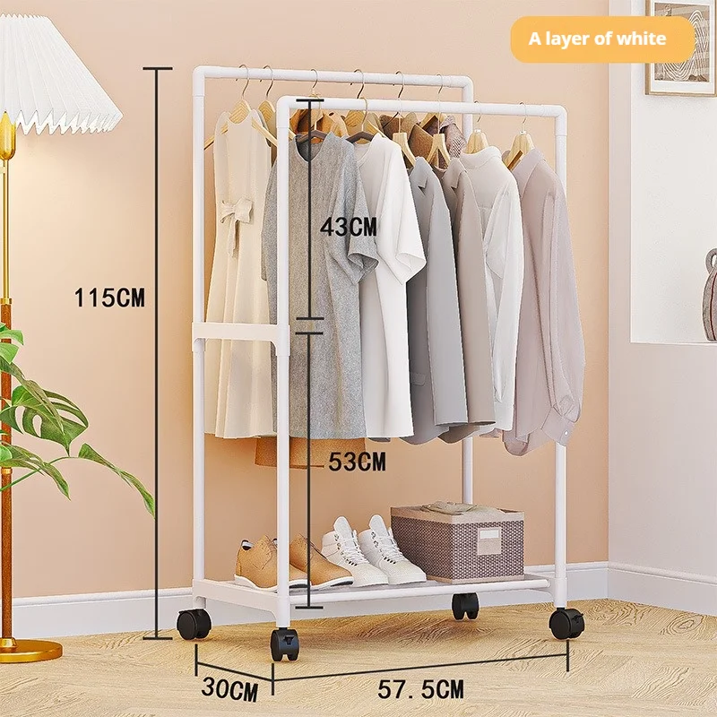 Double Rod Garment Rack with Wheels Floor Clothes Rack Stand Shoe Hat Coat Storage Shelf Portable Clothes Hanger Storage Rack