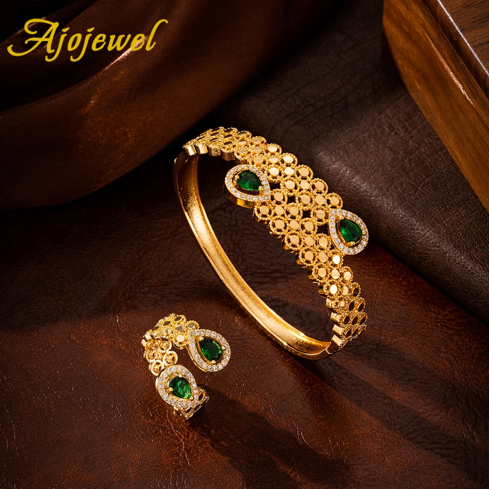 

Ajojewel Green Cubic Zirconia Dubai Bridal Jewelry Golden Open Ring Bangles Set For Women Luxury Gifts