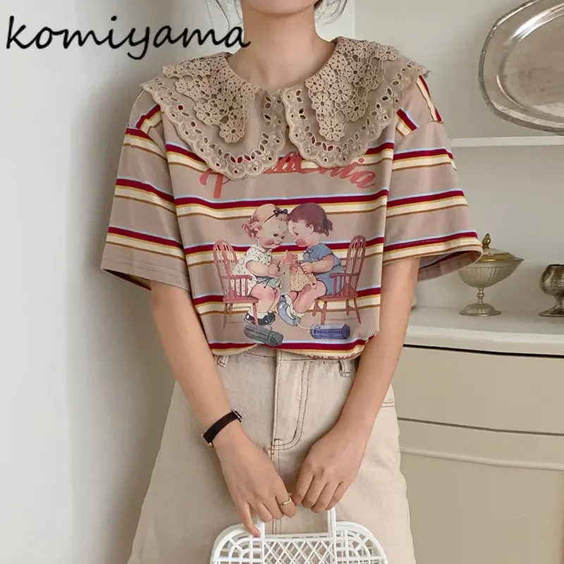 Komiyama Summer Lace Peter Pan Collar Tees Hit Color Stripe Y2k Tops Korean Style Ropa Mujer Vintage Short Sleeve T Shirt