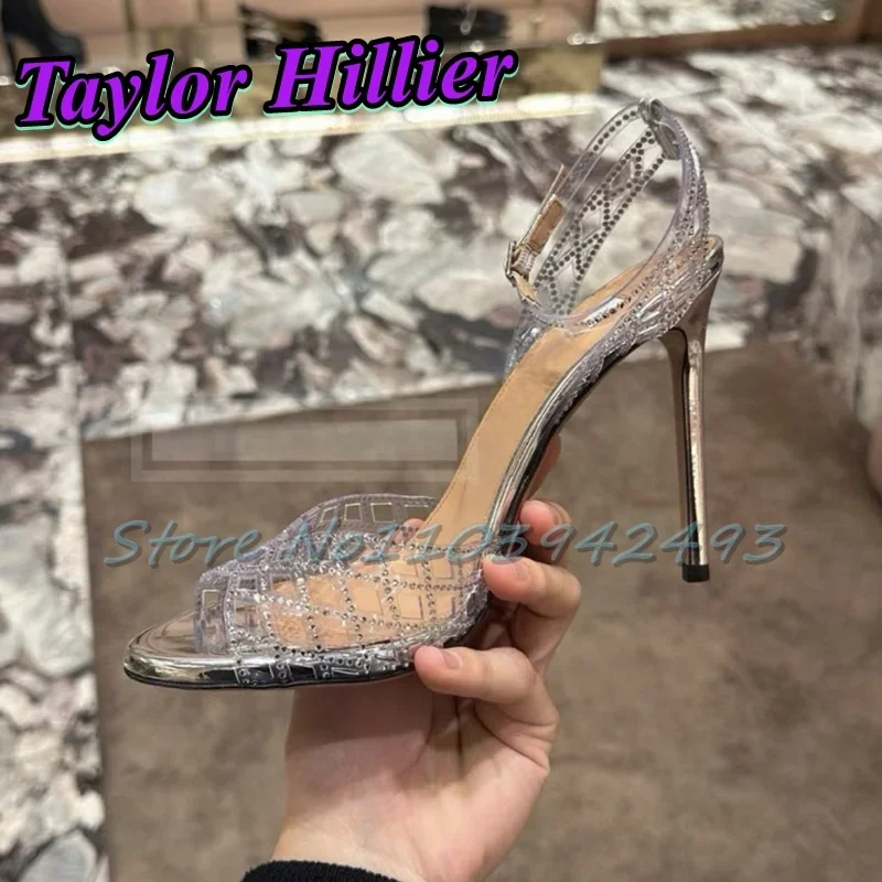 

Transparent Pvc Heels Open Toe Heeled Sandals Shallow Rhinestones Women Luxury Designer Shoes Silver Buckle Strap Sandalias 2025
