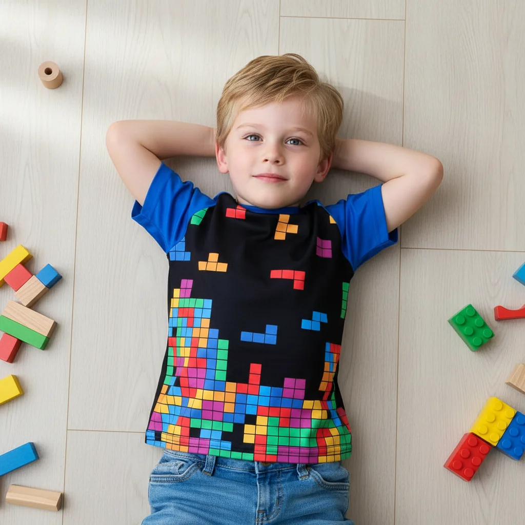 

Summer Toddler Boy Clothes Colorful Block Puzzle Print T-shirt Kids Short Sleeve Top for Boys 1-8 Years Breathable Quick Dry Tee