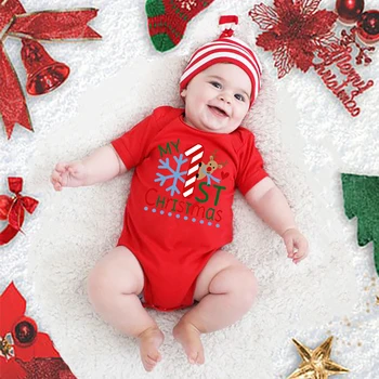 My First Christmas Kids Red Short Sleeve Jumpsuit Fashion Toddler Boy Girl Infant Outfit Clothes Cute Deer Print Xmas Najlepszy prezent