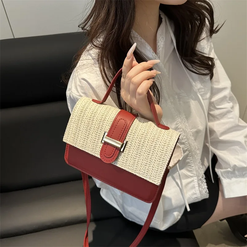 Straw Woven Leather Splicing Crossbody Bag, Fashion Versatile, Simple Contrasting Color Women's Shoulder Bag, Chain Banquet Bags
