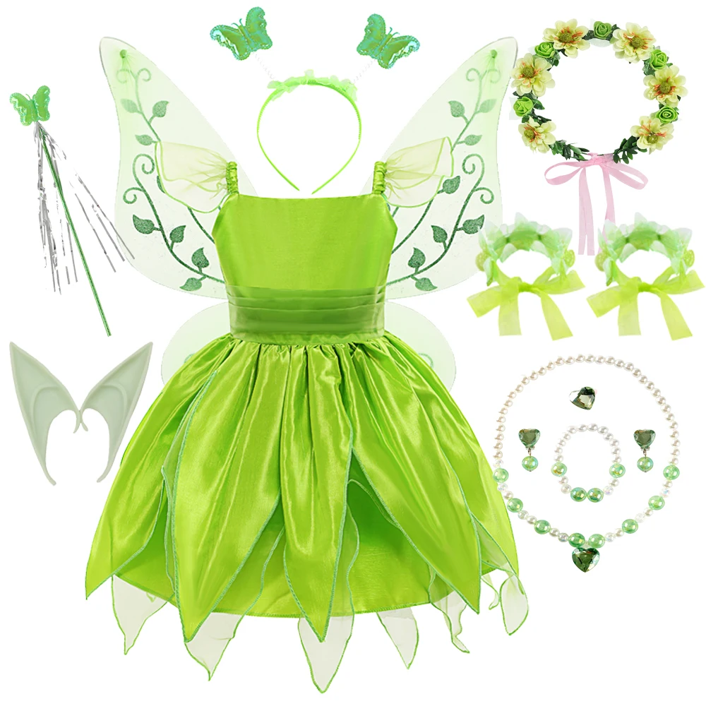 Fairy Tinker Bell Dress for Girls, Princess Costume, Flor Verde, Elf Wings, TinkerBell, Roupas de festa de carnaval, Cosplay para crianças