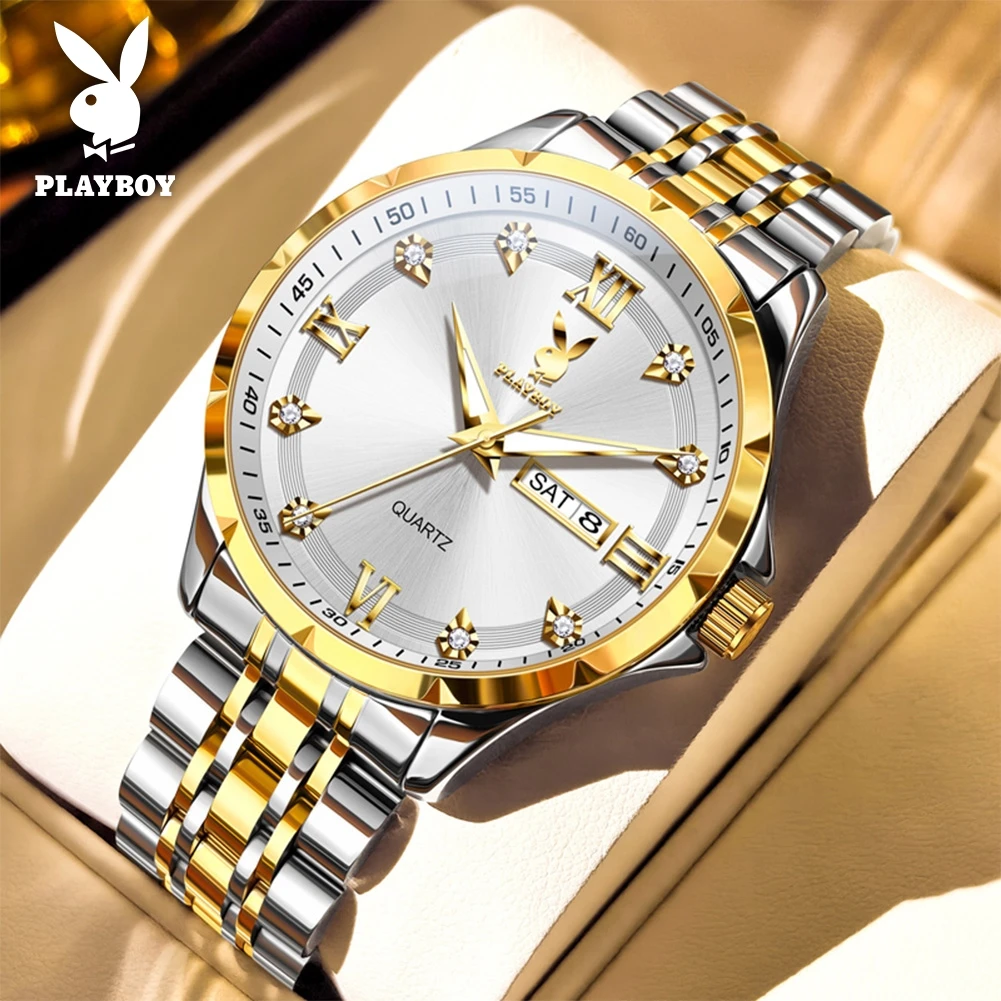 

PLAYBOY 3098 Роскошные модные деловые мужские кварцевые часы из нержавеющей стали, водонепроницаемые на 30 м, светящиеся, с указанием дня недели и даты, наручные часы для мужчин