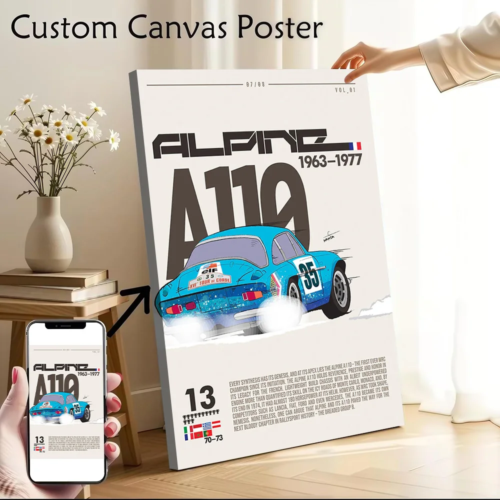 Alpine A110 Rally Car Printed Canvas Wall Art Customizable Paintings Poster Perfect Gift for Bedroom Decoration Decor Room Mural