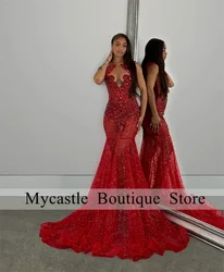 Luxury Red Diamonds Long Prom Dress For Black Girls 2024 Sparkly Lace See Through Birthday Party Mermaid Evening Dresses