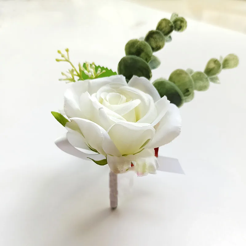 LKY FR boutonnieres อุปกรณ์จัดงานแต่งงานเจ้าบ่าวเข็มดอกไม้ผ้าไหมข้อมืองาช้าง Corsage boutonniere mariage กำไลข้อมือแฟชั่น Homme