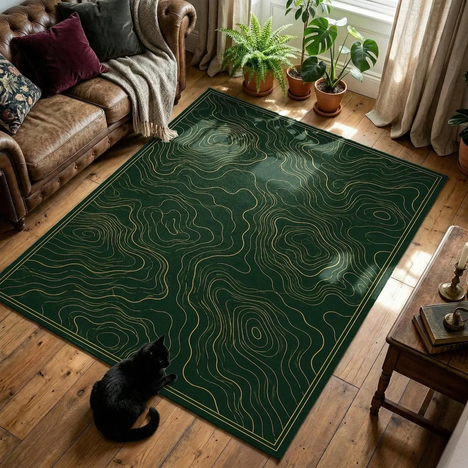 Modern Abstract Topographic Map Rug, Green Line Art Rug, Minimalist Geography Rug, Contour Map Decor, Traveler Gift