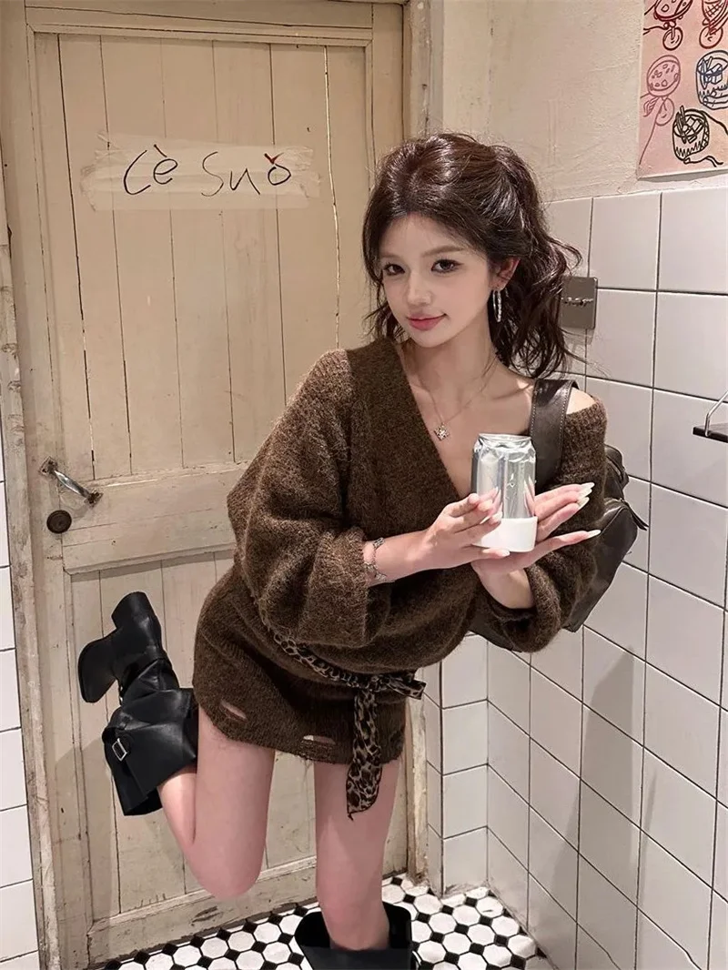 2026 الفرنسية الرجعية فستان محبوك بأكمام طويلة المرأة الخريف الخصر Cinching سليم صالح الراقية مزاجه فستان صوفي تنورة قصيرة #4