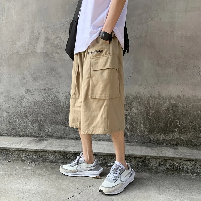 Male Summer Cross Cargo Pants Men Short Joggers Yamamoto Style Calf Length Casual Baggy Pants Male Capris Big Pocket Trousers