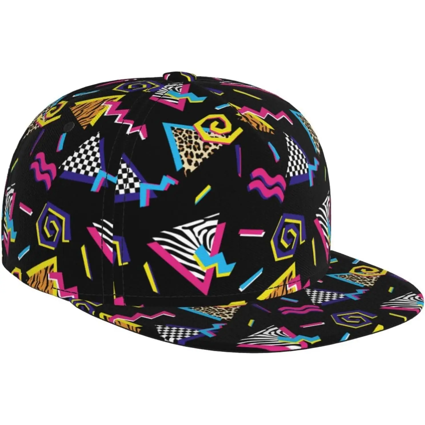 Retro 80s Neon Geometric-Pattern Snapback Cap Adjustable Breathable Fashion Snapback Flat Bill Hat Casual Hip Hop Hats