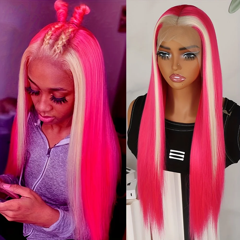 

Разноцветные парики с розовыми и светло-русыми мелированиями, 13x4, с кружевной передней частью, без клея, с эффектом «скунс-страйп», синтетические, длинные, прямые, термостойкие