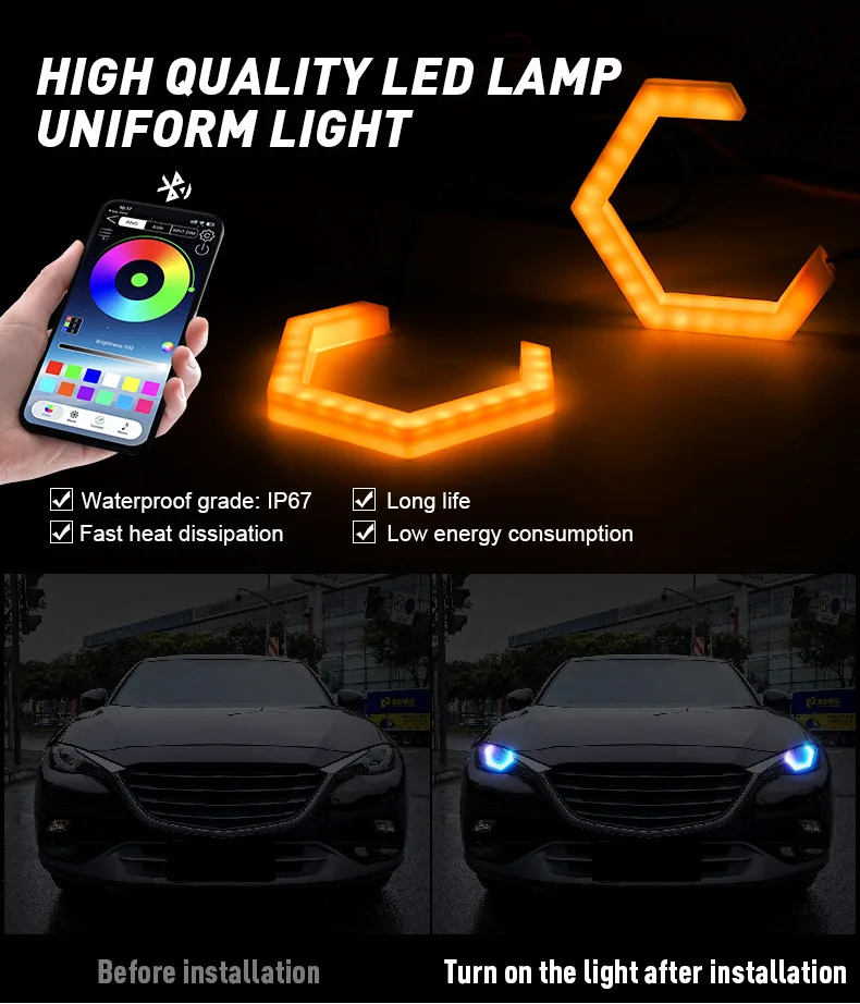 2 Stück RGB Angel Eyes Sechseckige Halo-Ringe Lichter mit Blinker APP Bluetooth LED Motorrad Nachrüstung DRL Auto-Scheinwerfer 12V – Detail 3