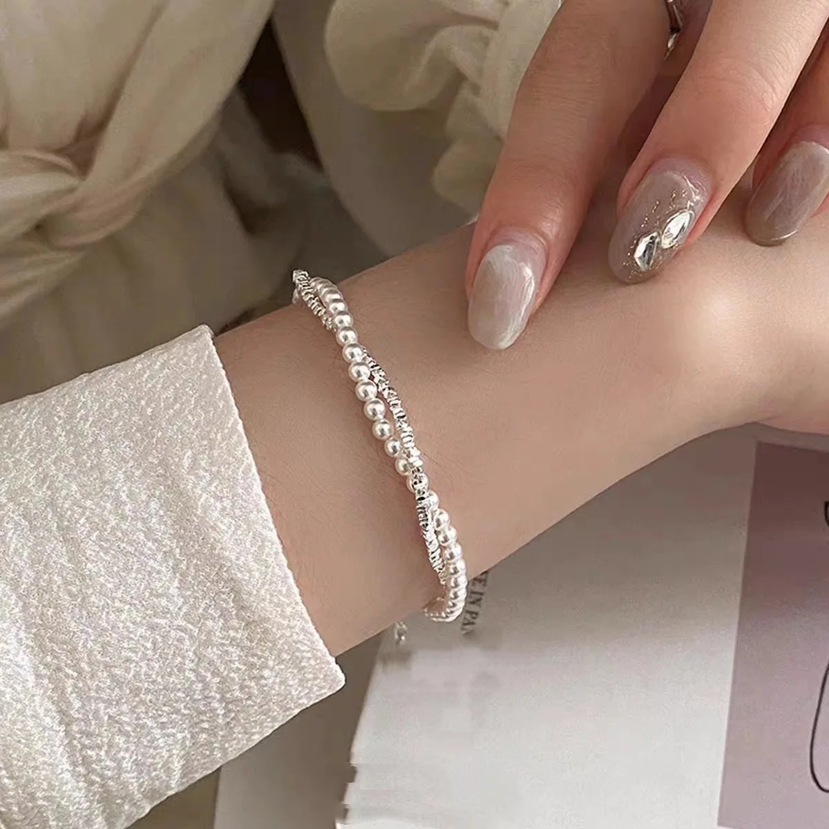 925 Sterling Silver Pearl Bead Bracelet for Women Girl Vintage Design Korean Double Layer Charm Bracelet Luxury Party Jewelry