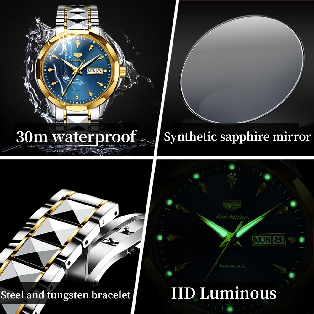 JSDUN Original Waterproof Watch for Men Fashion Tungsten Steel Men\'s Wrist Watches Luxury Elegant Automatic Mechanical Man Watch