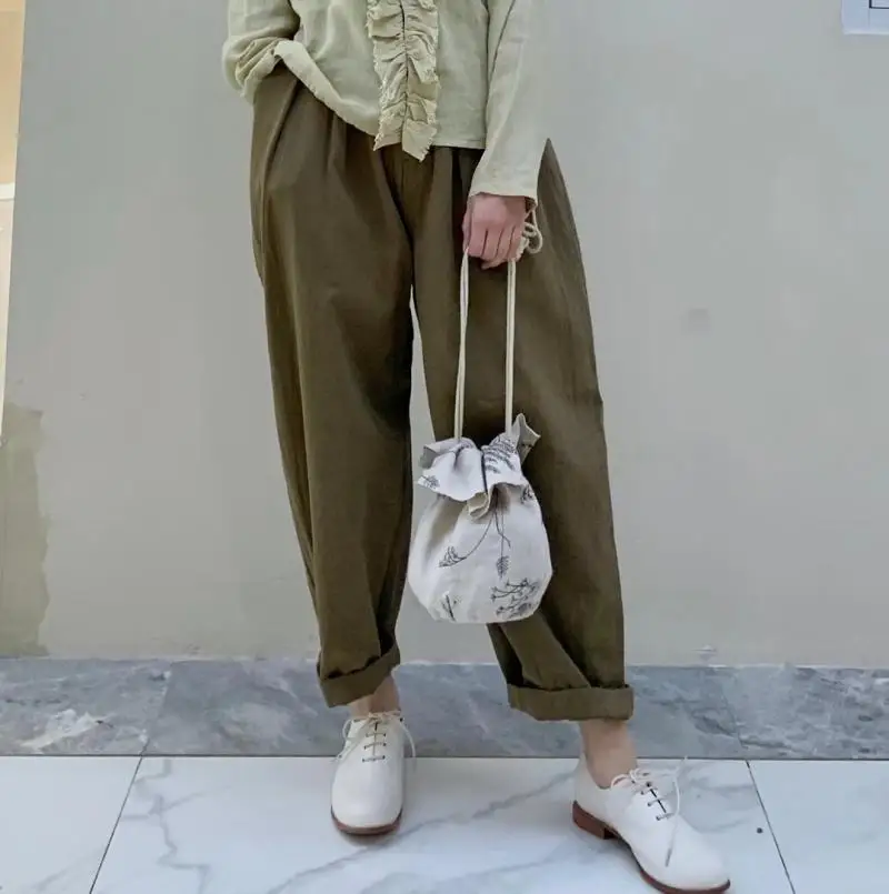 

Удобные мягкие повседневные брюки из хлопкового твила с эластичной резинкой на талии, прямые брюки 93093, универсальные асимметричные брюки на весну