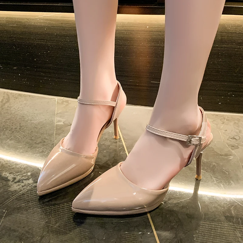 

New Fashion Pointed Toe Sequined Cloth Sandals Woman Top Thin High Heels Dress Shoes Buckle Ladies Summer Shoes Zapatos Mujer