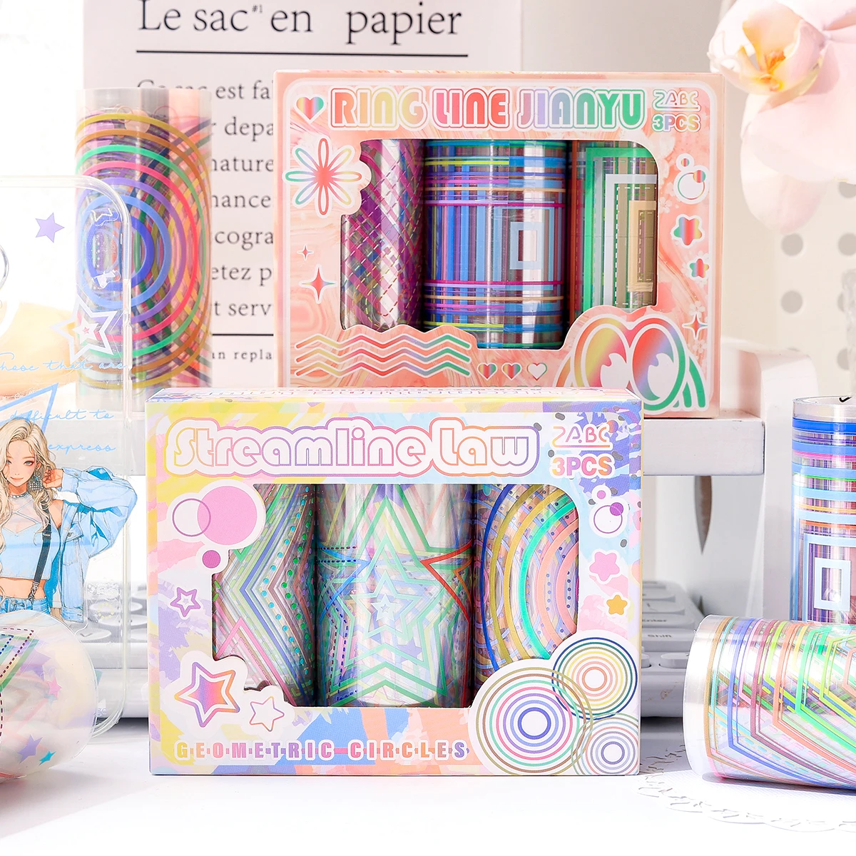 3 Rollen wasserfestes PET-Klebeband-Set in Box, bunt geometrisch bedrucktes Klebeband und Collage-Dekorationsmaterialien, ein Geschenk für einen Freund