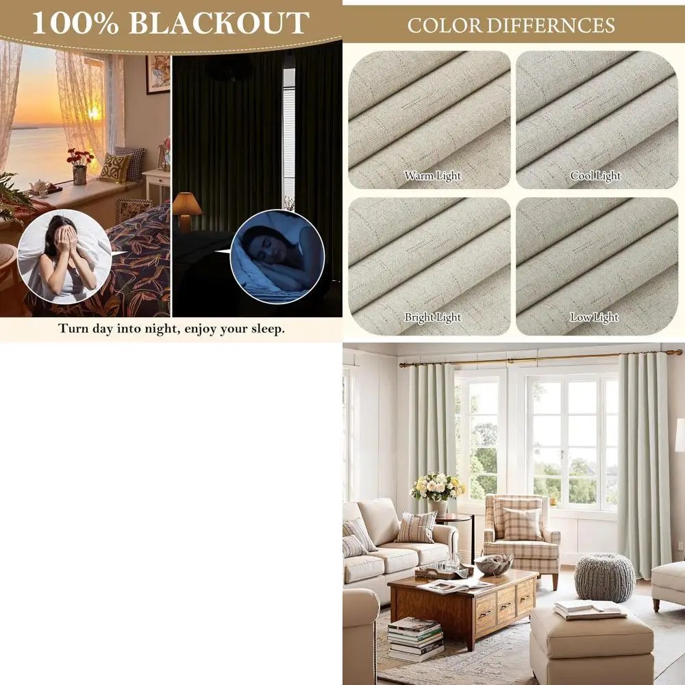 

Natural Linen Insulated Curtains, 52x108, Beige, 2-Panel Set for Extra Long Windows