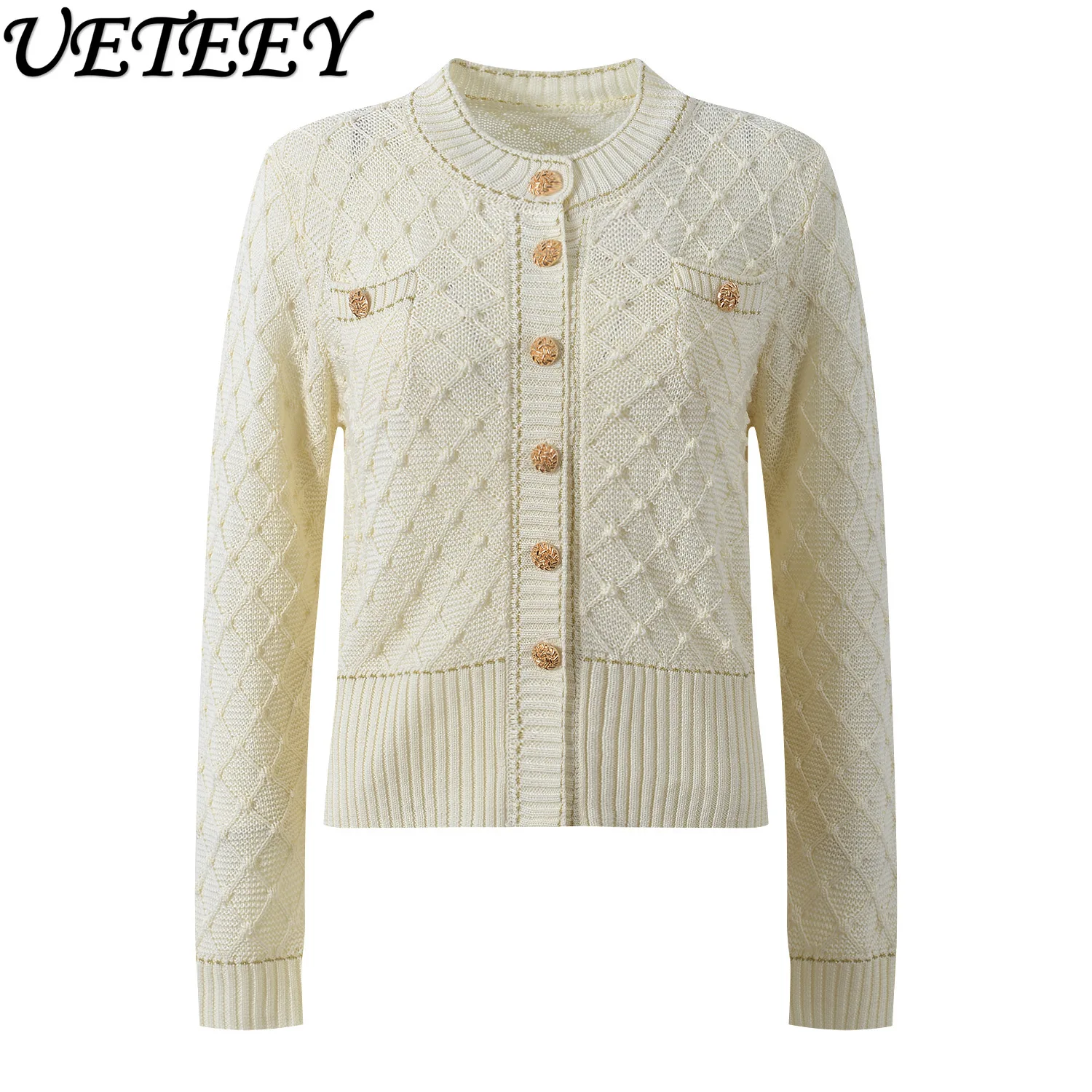 

2026 Early Spring New Metal Buckle Diamond Knit Cardigan Lady Fashion Versatile Short Round Neck Long Sleeve Sweater Jacket Top