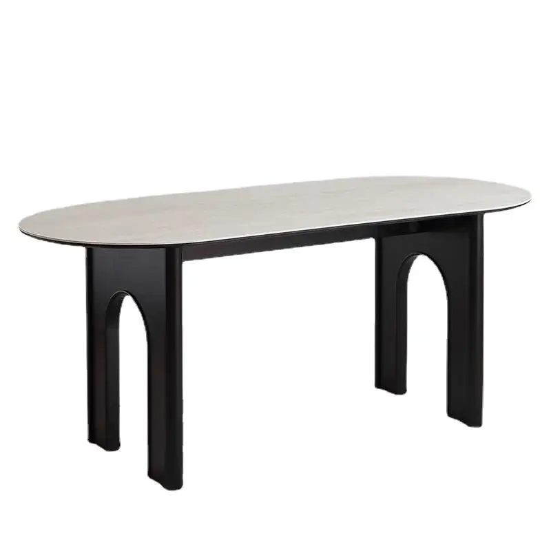

French retro dining table designer medieval arch legs oval table solid wood dining table household travertine rock slab dining t