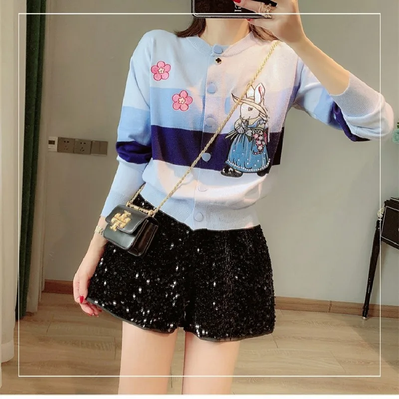 Blue Cartoon Embroidered Sweater Cardigan Women Sweet Fashion Loose Ladies Knitwear Long Sleeve Single-breasted Jumpers Tops