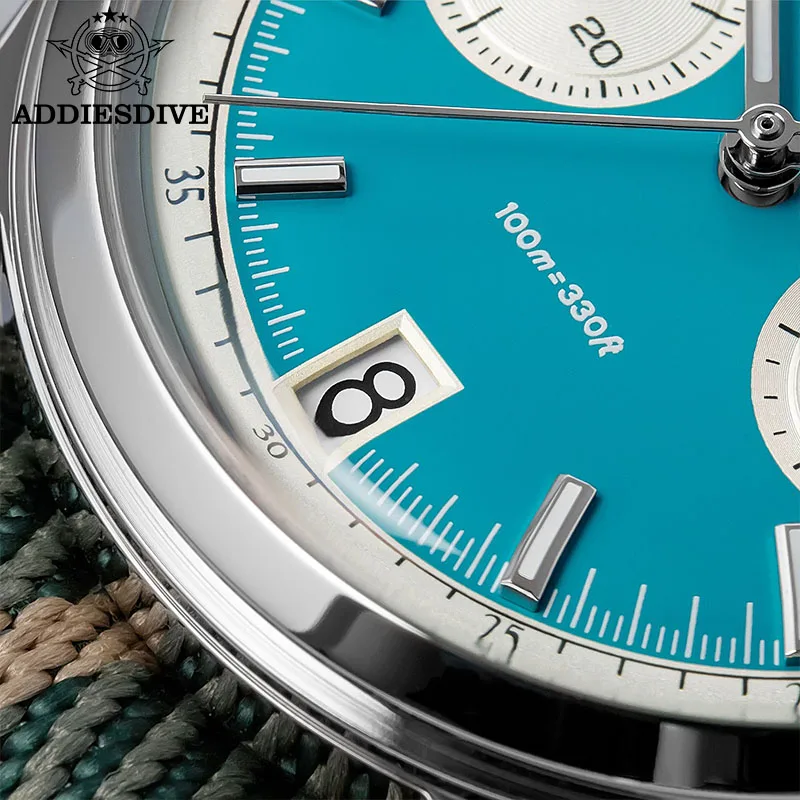 Addiesdive relógio masculino de quartzo, 100m, à prova d'água, super luminoso, vidro bolha, aço inoxidável, moda, cronógrafo, relógios para homens