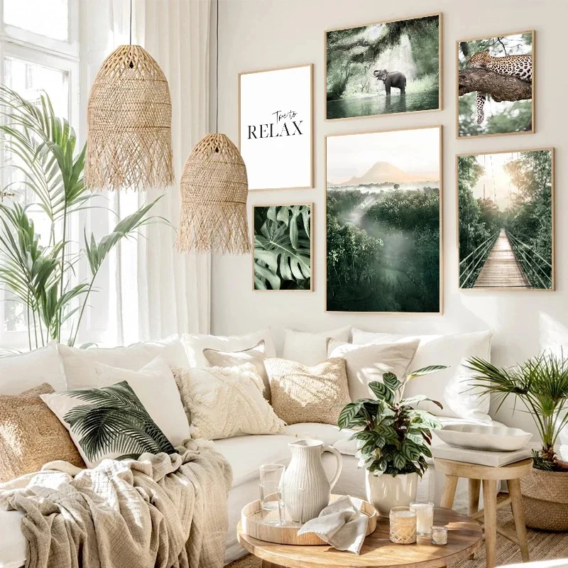 Jungle Landscape Wall Art Oil Painting Poster Animal Leopard Elephant Print Palm Leaf Forest River Bridge Nordic Home Decoration