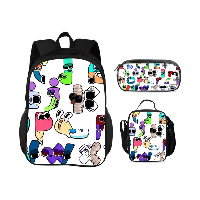 Alphabet Lore backpack pencil case ice pack 3Pcs Set letter cartoon print lightweight elementary school boys and girls new item
