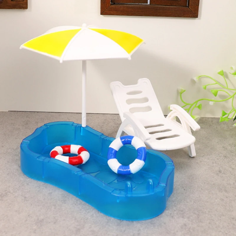 【BS】1 Set Children Play Toys Doll House Cute Simulation Mini Swimming Pool Swimming Circle Beach Chair Kit Model DIY Decoration