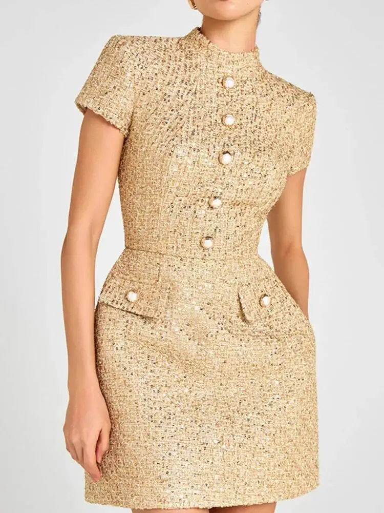 

2026 New Spring Summer Dress Elegant Dress for Women Fashion Vintage Short Sleeve Dresses Solid Button Stand Collar Mini