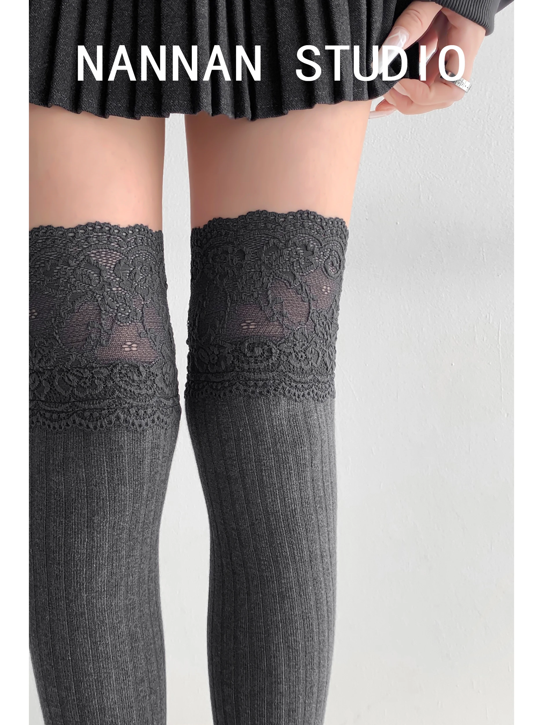 Sexy High Waist Knitted Long Tube Socks Women's over Knee Lace Splicing Knit Leggings Autumn Spring Vertical Stripe Pattern