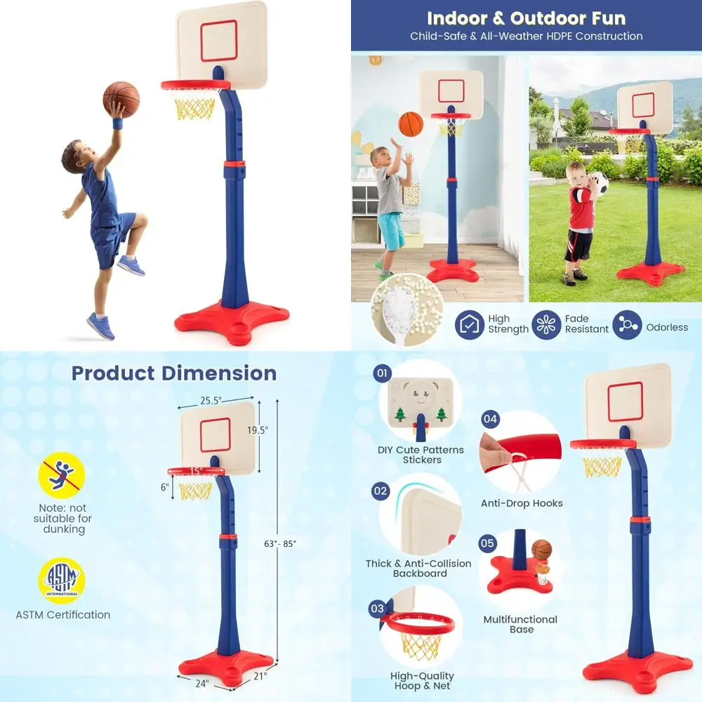 

adjustable height kids basketball hoop with weighted base - indoor and outdoor play set for ages 8 and up