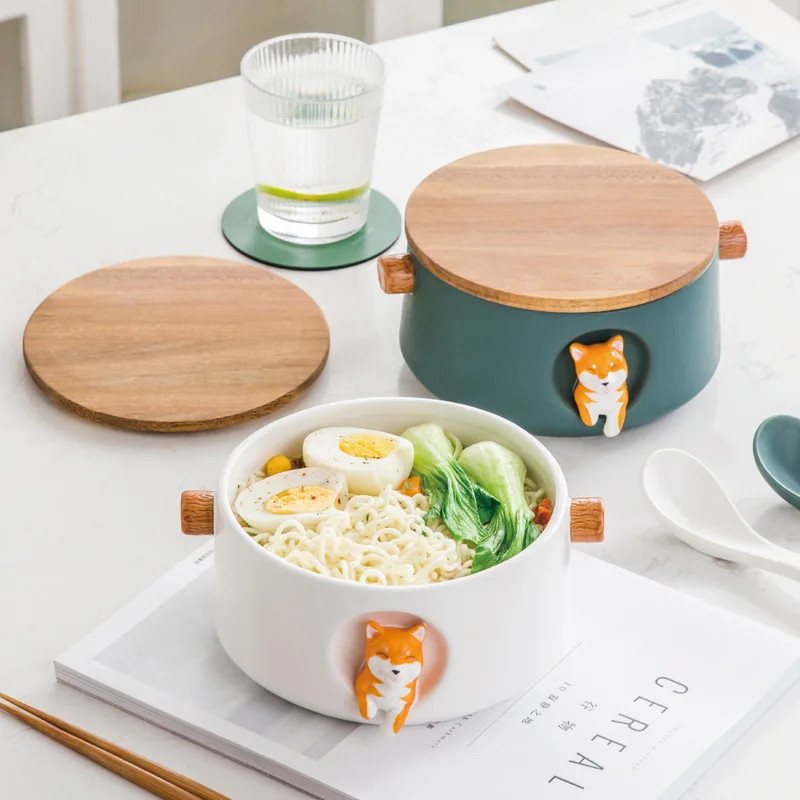 Imagem -02 - Cerâmica Criativa Shiba Inu Tigela dos Desenhos Animados Grande com Colher Coberta Estudante Dormitório Instantâneo Noodles Cup Bowl Grupo Bento Box Gift