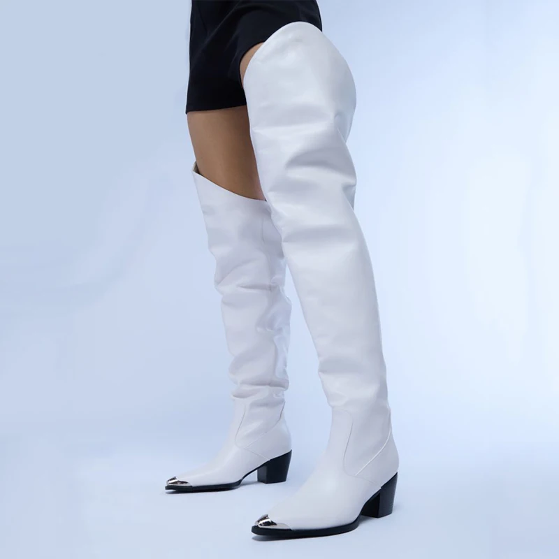 Women V-shaped Top Custom Styles Over Knee High Boots Ladies Middle Wedge Heels Shoes Metal Pointed toe Long Booties