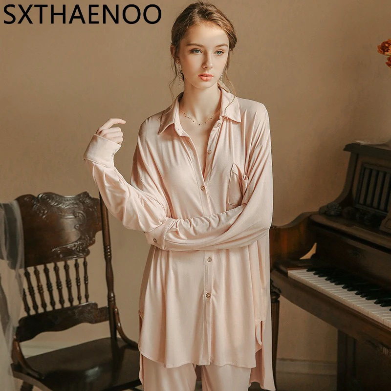 SXTHAENOO Spring Pajamas Lady Sweet Turn-down Collar Shirt Cardigan Loose Nightwear Simple Leisure Style Long-sleeved Loungewear