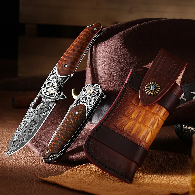 high-quality Damascus steel folding knife is perfect for outdoor camping, everyday adventures, and a collectible EDC knife.