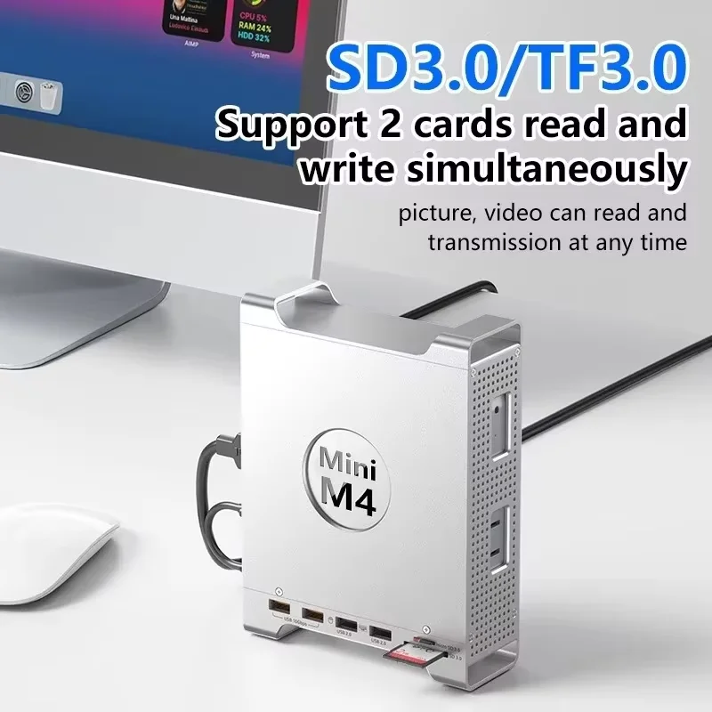 USB HUB Docking Station for Mac Mini M4/M4 Pro M.2 NVMe SSD Enclosure 8TB Max 10Gbps USB-A/C SD&TF USB Splitter Dock